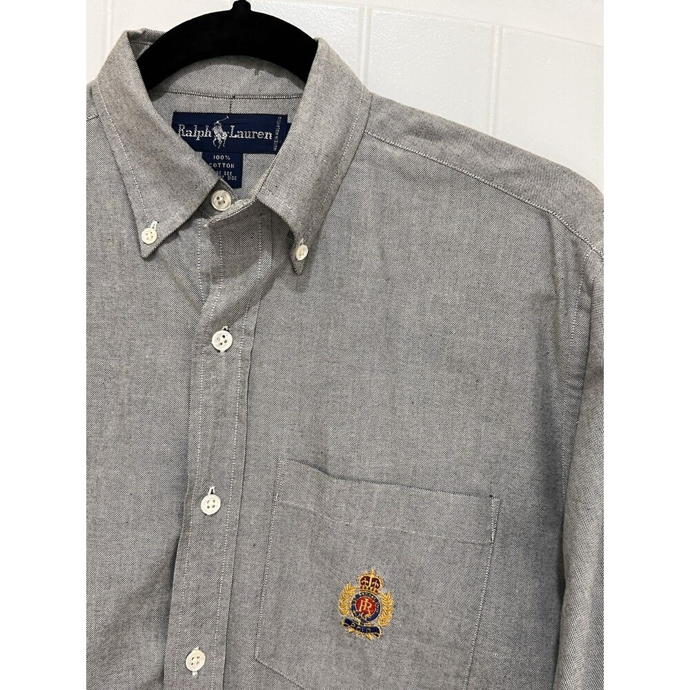 VTG Ralph Lauren Gray Button Shirt Sz 10 Crest Embroidered Patch Old Money Rare